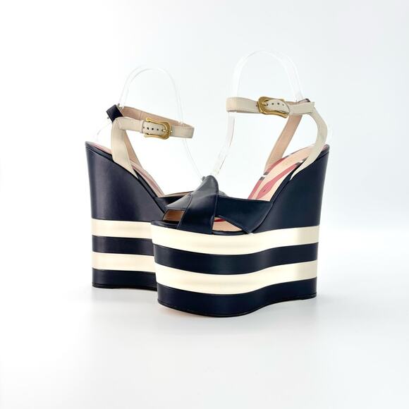Gucci Sally Nappa Leather Navy Ivory Snake Platform Wedge Sandals 37.5 - Picture 2 of 10